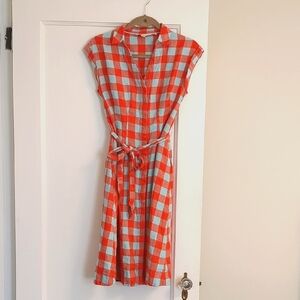EUC Boden 100% Linen Orange And Blue Check Button Down Cap Sleeve Midi Dress